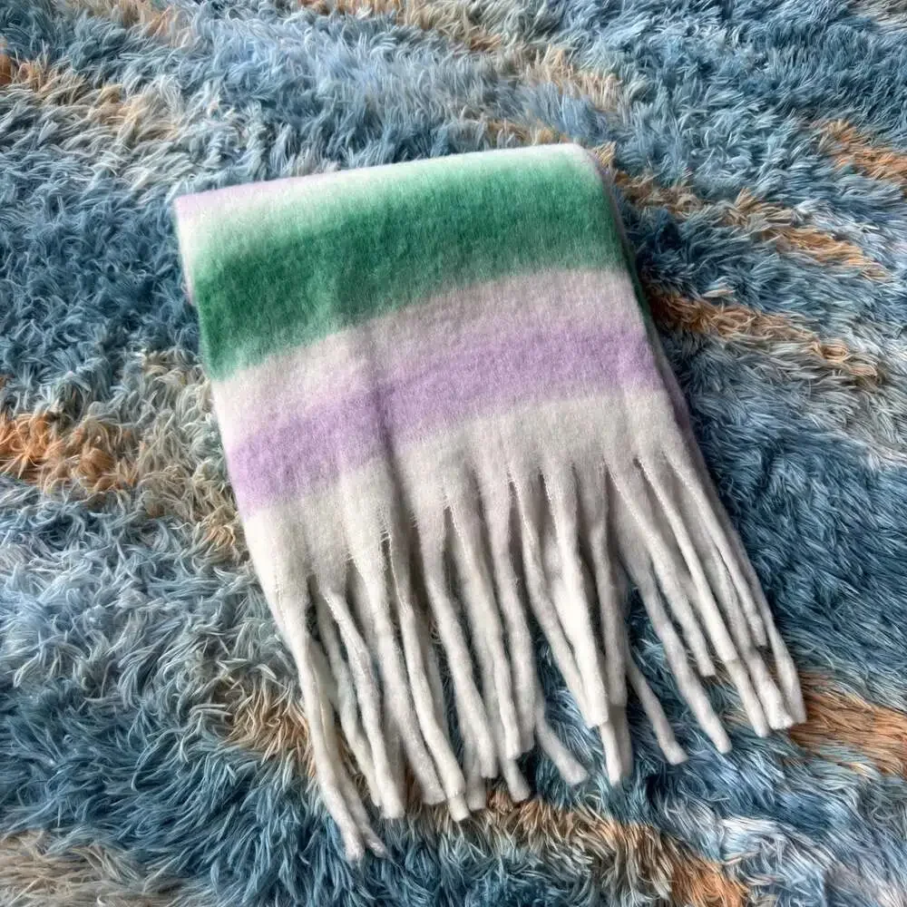 Striped Soft Winter Scarf in Green, Purple, and White with Fringe